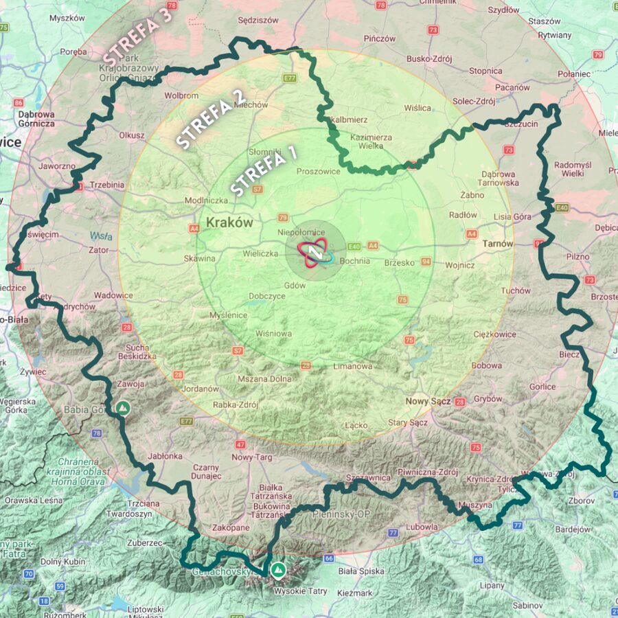 Mapa zasięgu działania Naukoteki: Kraków i Małopolska, trzy strefy dojazdu